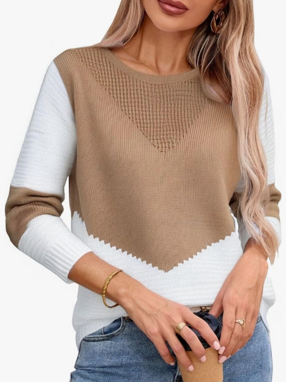 Women's Color Block Camel and White Knit Sweater, long Sleeves